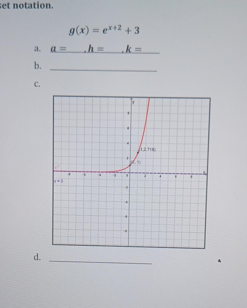 notation.
\[
g(x)=e^{x+2}+3
\]
a. \( \boldsymbol{a}=, \boldsymbol{h}=, \boldsymbol{k}= \)