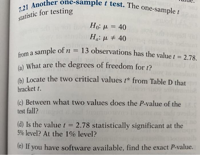 Solved 7.21 Another one-sample t test. The one-sample t | Chegg.com