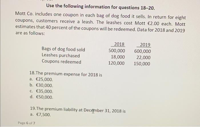 Solved Use the following information for questions 18 20. Chegg