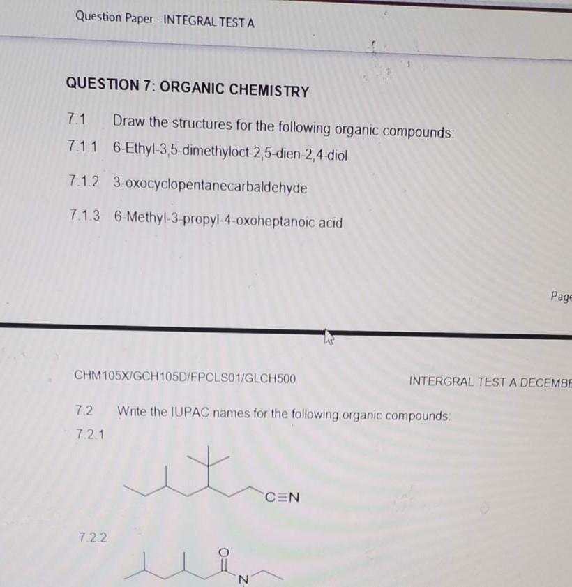 Solved Question Paper - INTEGRAL TESTA QUESTION 7: ORGANIC | Chegg.com