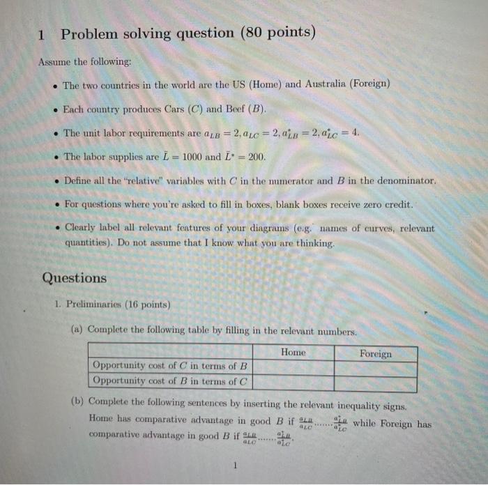 Solved 1 Problem solving question (80 points) Assume the | Chegg.com