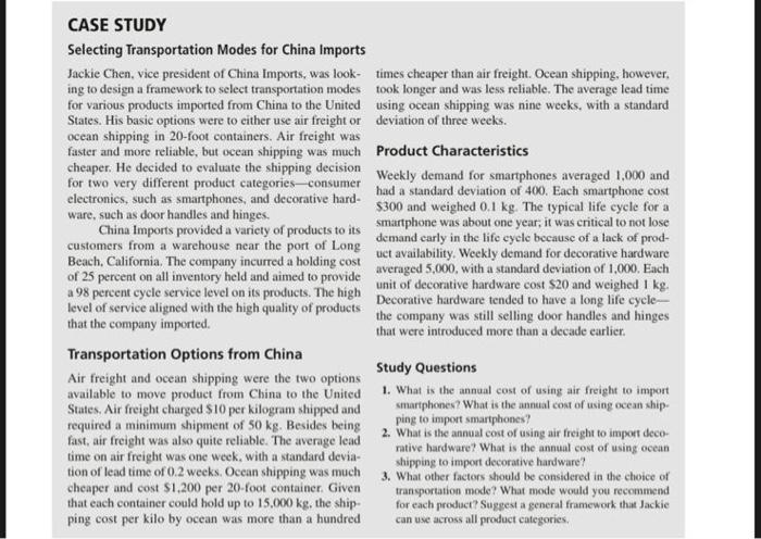 case study selecting transportation modes for china imports