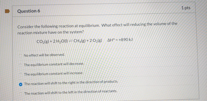Solved 1 pts Question 6 Consider the following reaction at | Chegg.com