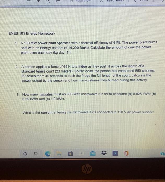 Solved - - + 3 D Page 1 ENES 101 Energy Homework 1. A 100 MW | Chegg.com