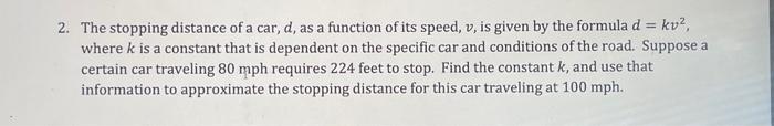 Solved The stopping distance of a car, d, as a function of | Chegg.com