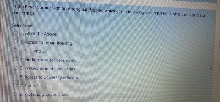 In the Royal Commission on Aboriginal Peoples, which of the following best represents what Elders said is a concern(s)? Selec