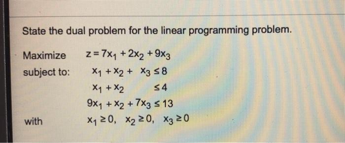 Solved State the dual problem for the linear programming | Chegg.com