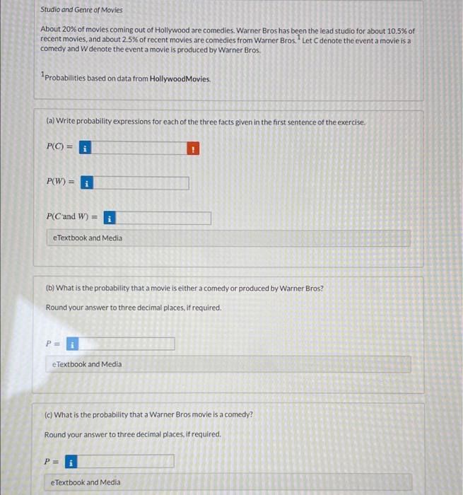 Solved Studio and Genre of Movies About 20% of movies coming | Chegg.com