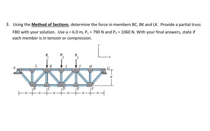 3. Using the Method of Sections, determine the force in members BC, BK and LK. Provide a partial truss
FBD with your solution