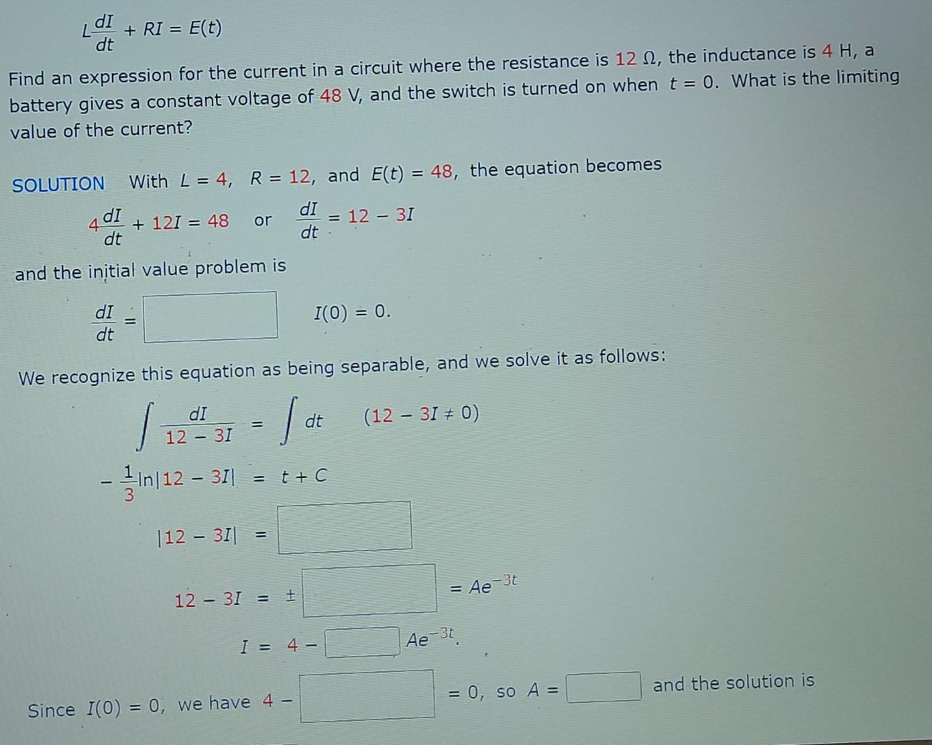Solved LDI + RI = E(t) dt Find an expression for the current | Chegg.com