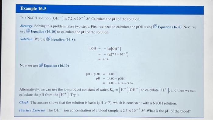 In a \( \mathrm{NaOH} \) solution \( \left[\mathrm{OH}^{-}\right] \)is \( 7.2 \times 10^{-5} \mathrm{M} \). Calculate the \(