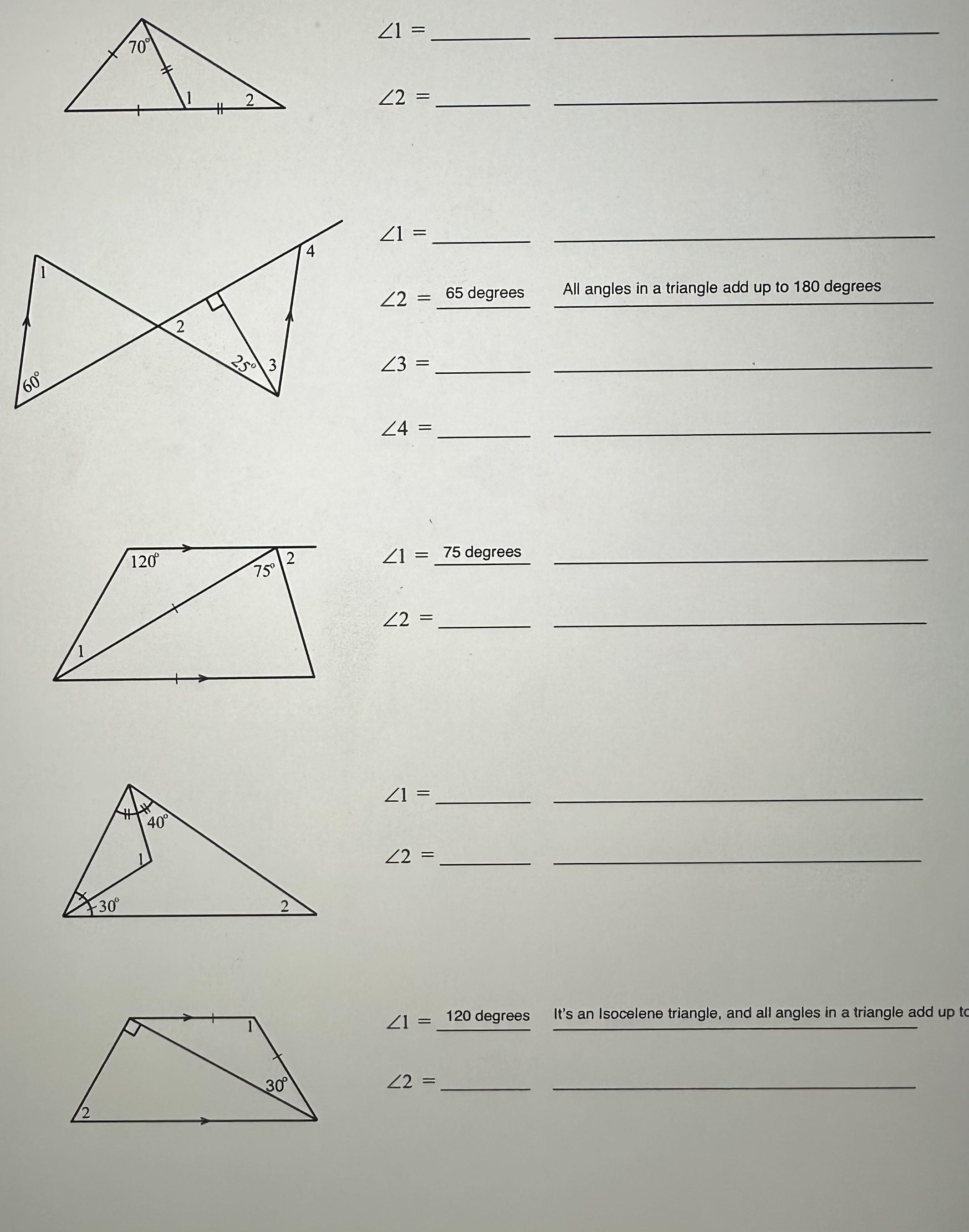 Solved ??1=??2= ??1= ??2=65 ﻿degrees ?()All angles in a | Chegg.com