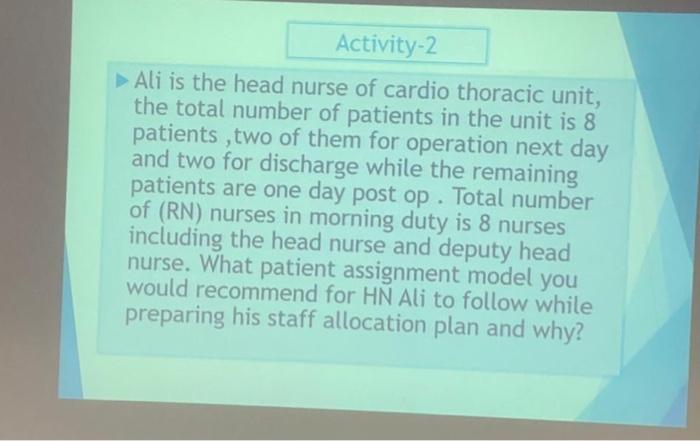 Activity-2 Ali is the head nurse of cardio thoracic unit, the total number of patients in the unit is 8 patients , two of the