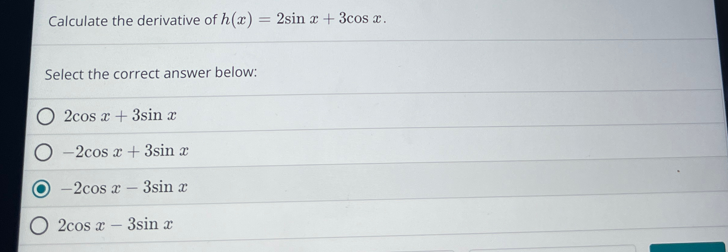 solved-calculate-the-derivative-of-h-x-2sinx-3cosx-select-chegg