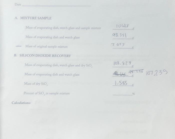 Solved Dare A. MIXTURESAMPLE Mass of evaporating dish, watch