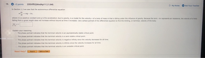 Solved 16. -/2 points ziliffEQ ModAp 11 2.1.040. My Notes | Chegg.com
