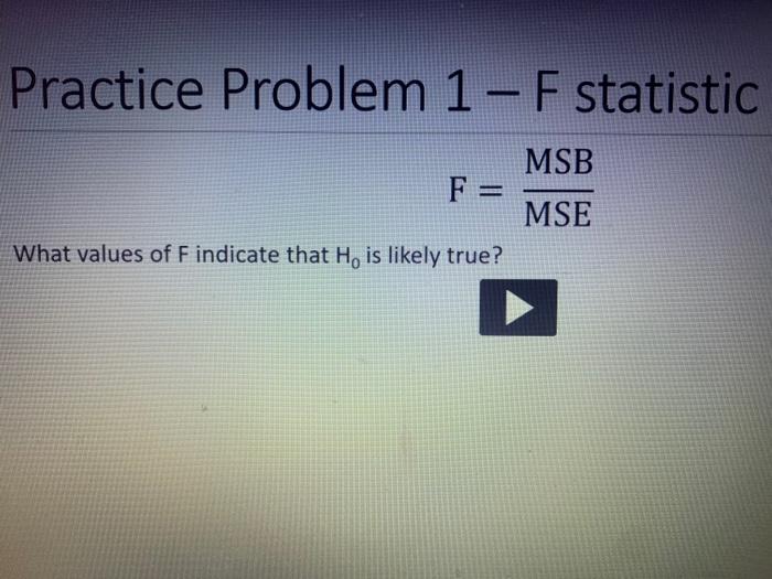 Solved Practice Problem 1-F statistic MSB F = MSE What | Chegg.com