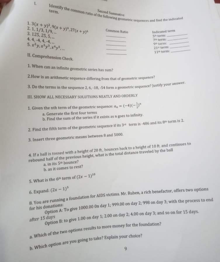 Solved Term Second Sunwative Common Ratio 1 3 X Y 2 9 X Chegg Com
