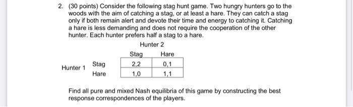 Solved 2 30 Points Consider The Following Stag Hunt