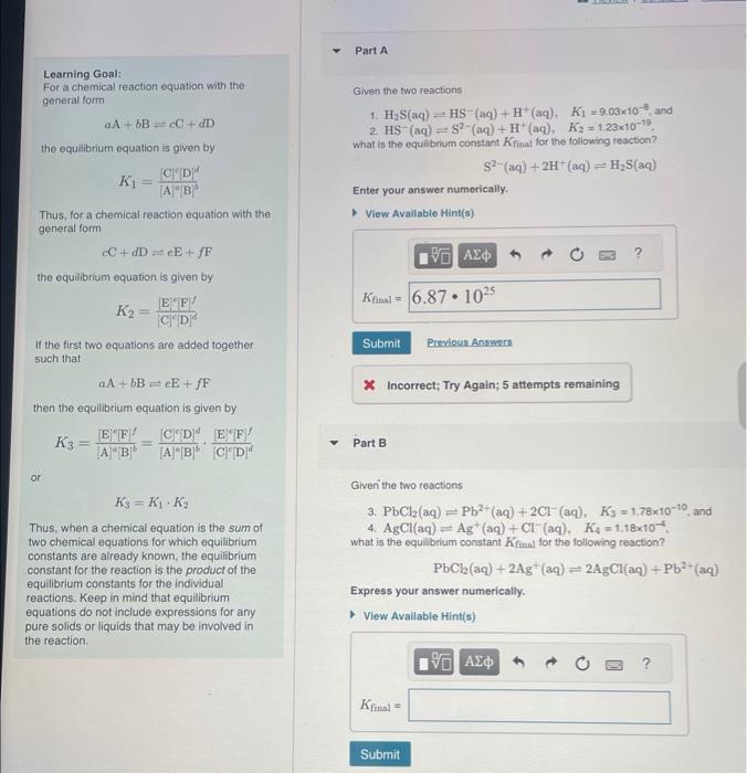 Solved The equilibrium constant, K, of a reaction at a | Chegg.com