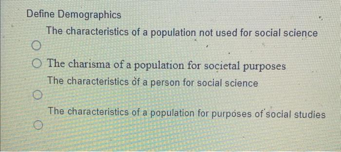 Solved Define Demographics The characteristics of a | Chegg.com