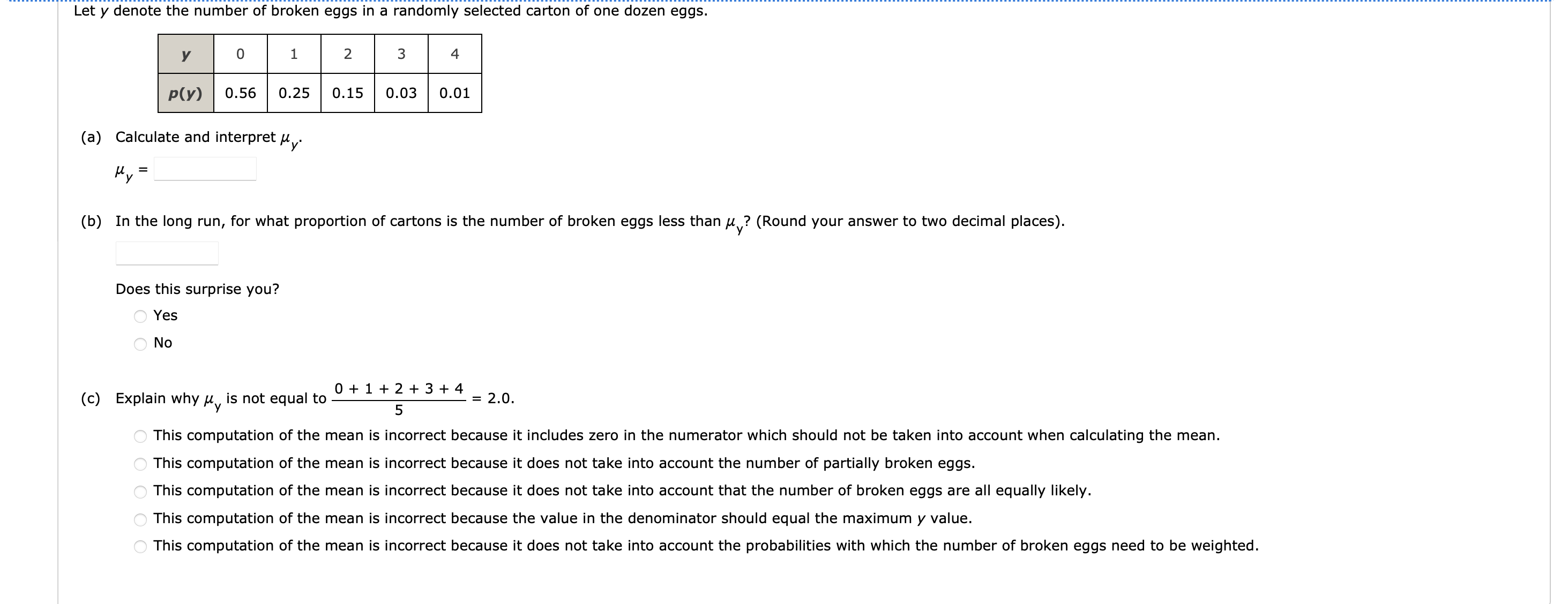 Solved Let y denote the number of broken eggs in a randomly | Chegg.com