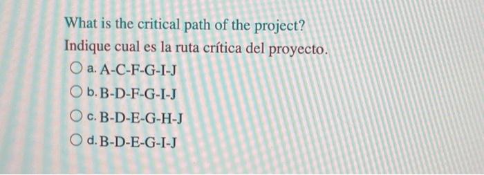 What is the critical path of the project? Indique cual es la ruta crítica del proyecto. a. A-C-F-G-I-J b. B-D-F-G-I-J c. B-D-