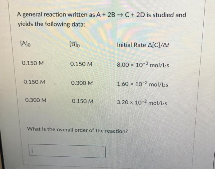 Solved A general reaction written as A + 2B → C + 2D is | Chegg.com