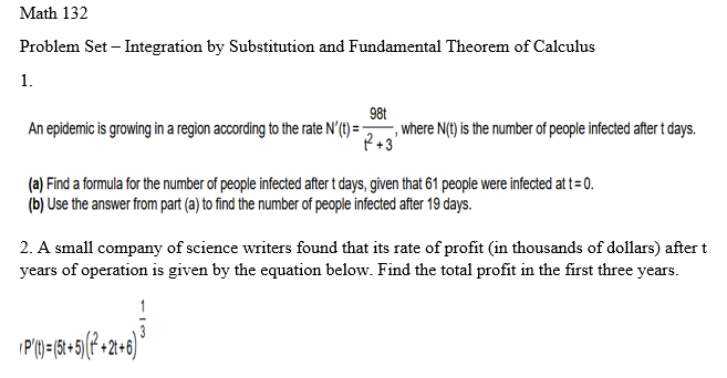 Solved Math 132Problem Set - ﻿Integration by ﻿Substitution | Chegg.com