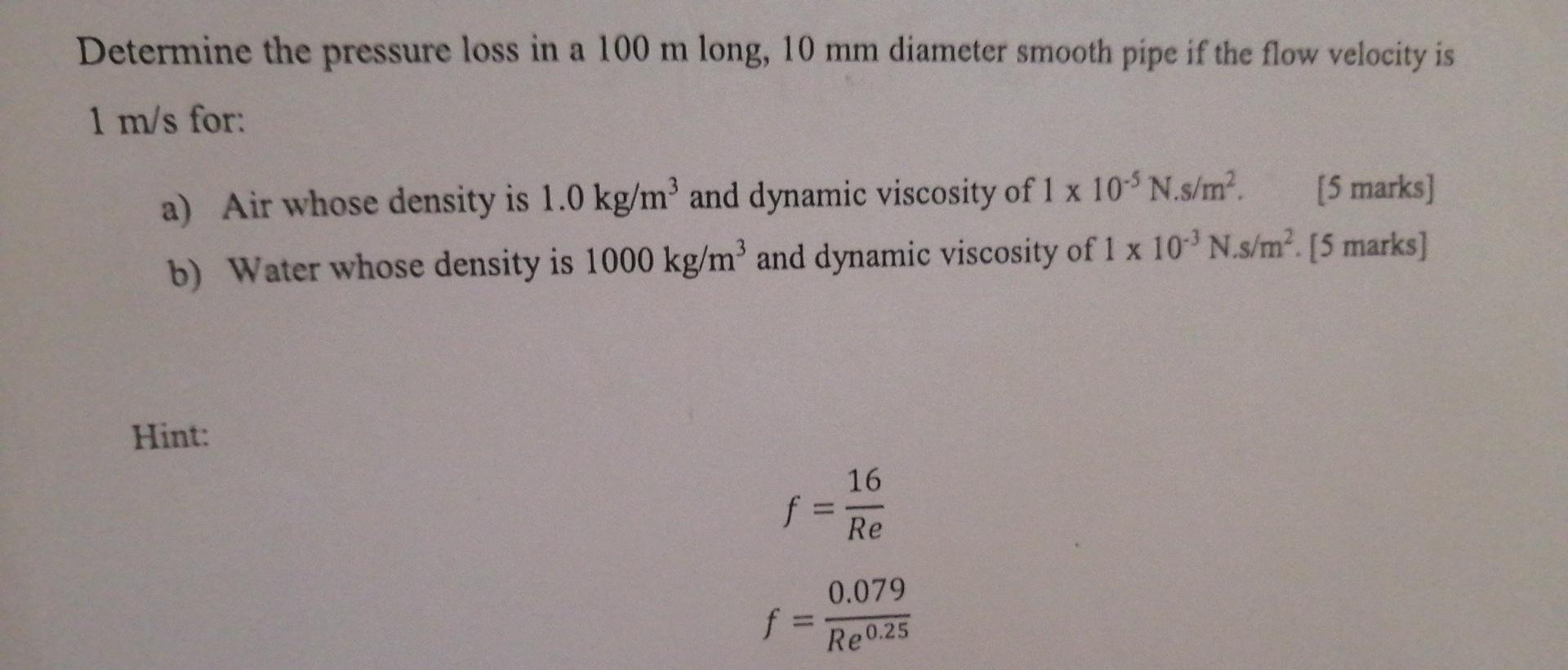 Solved Determine the pressure loss in a 100 m long, 10 mm | Chegg.com