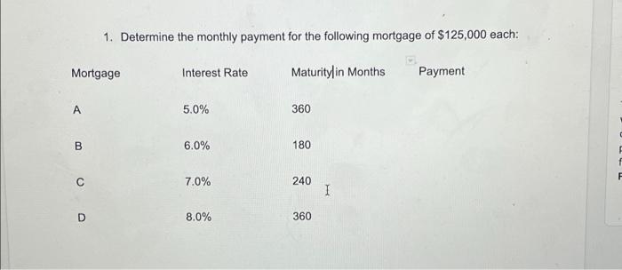 Solved 1. Determine the monthly payment for the following | Chegg.com