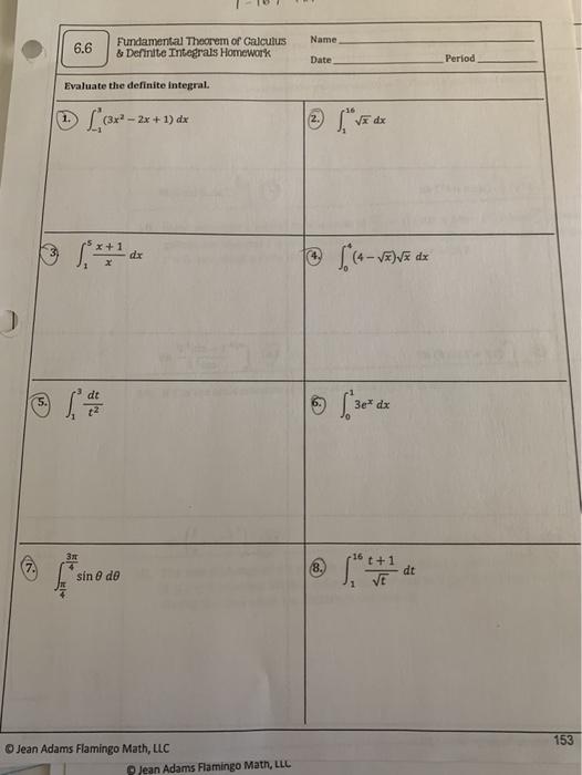 6.6 fundamental theorem of calculus and definite integrals homework answers