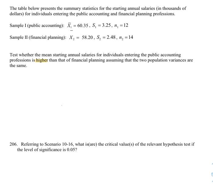 Solved The table below presents the summary statistics for | Chegg.com