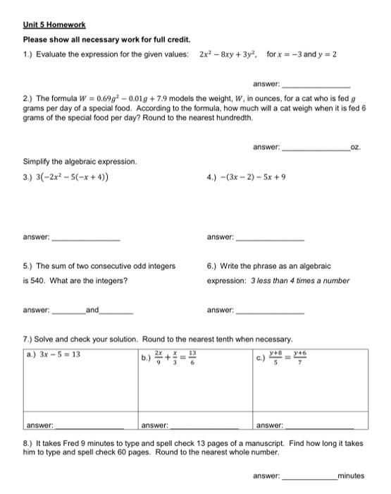 Solved Unit 5 Homework Please show all necessary work for | Chegg.com