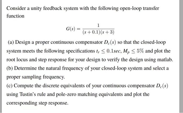 Solved Consider a unity feedback system with the following | Chegg.com