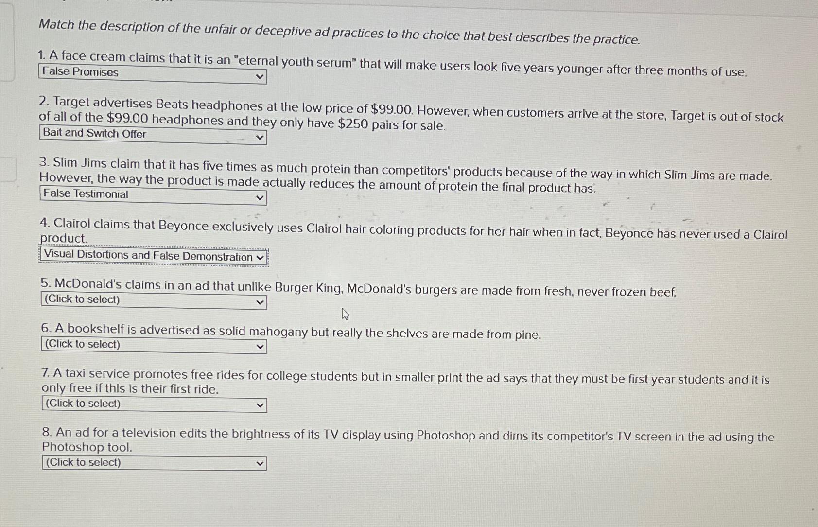 Solved Match the description of the unfair or deceptive ad Chegg