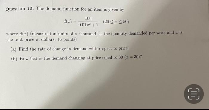 Solved Question 10: The demand function for an item is given | Chegg.com