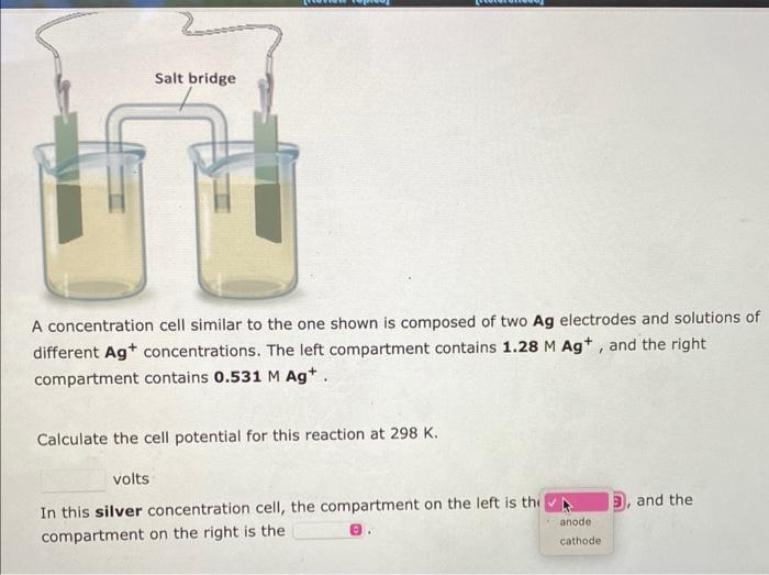 Salt bridge
A concentration cell similar to the one shown is composed of two Ag electrodes and solutions of
different Ag+ con