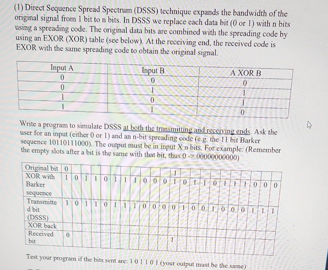 Solved 1 Direct Sequence Spread Spectrum DSSS technique