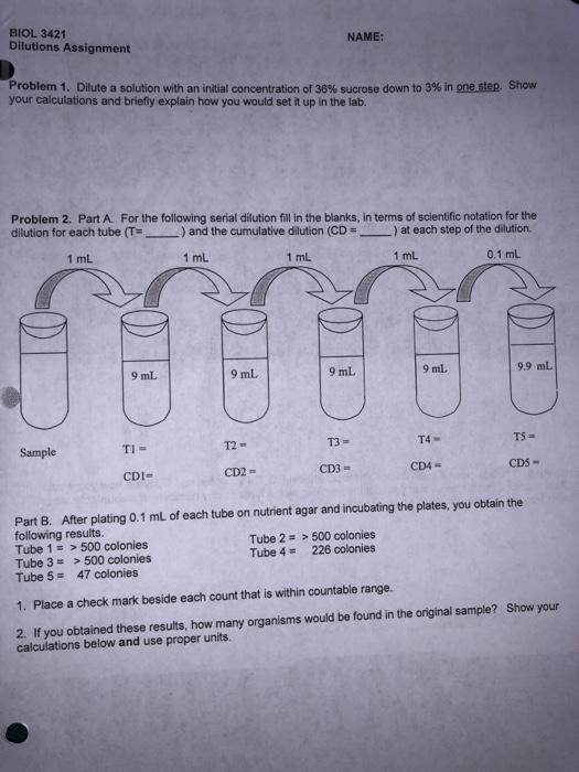 Solved BIOL 3421 Dilutions Assignment NAME Problem 1.