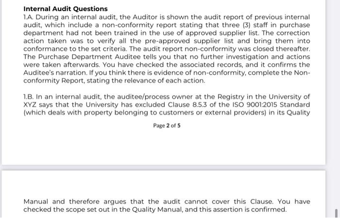 Solved Internal Audit Questions 1.A. During an internal | Chegg.com