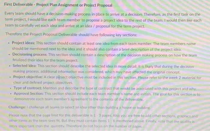 Solved First Deliverable - Project Plan Assignment or | Chegg.com