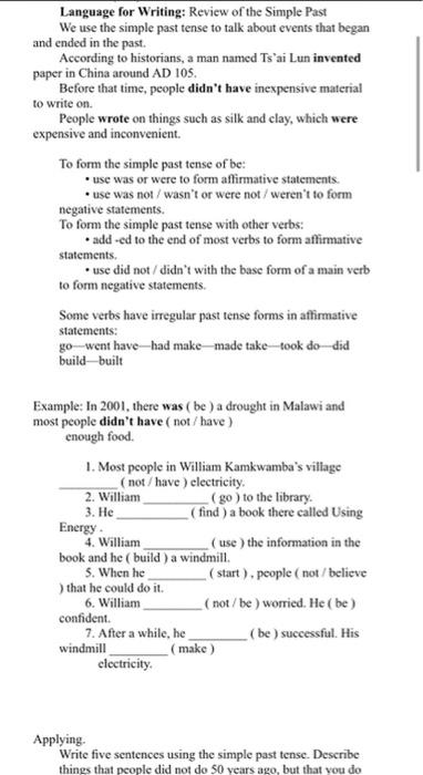 Solved Language For Writing Review Of The Simple Past We Chegg Com