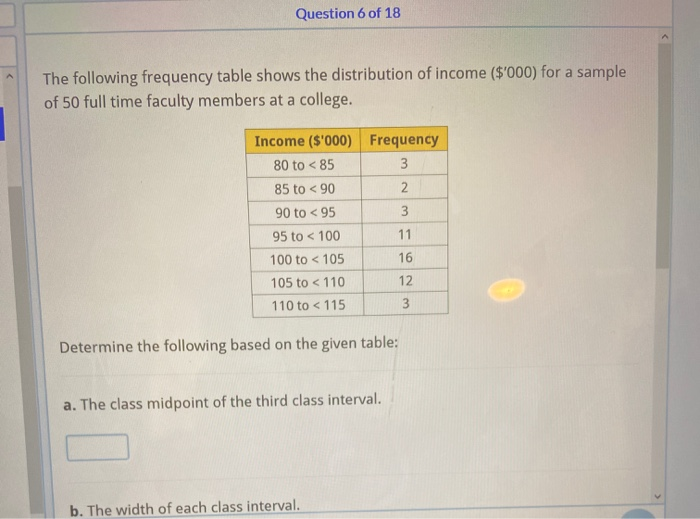 Solved Question 6 of 18 The following frequency table shows | Chegg.com