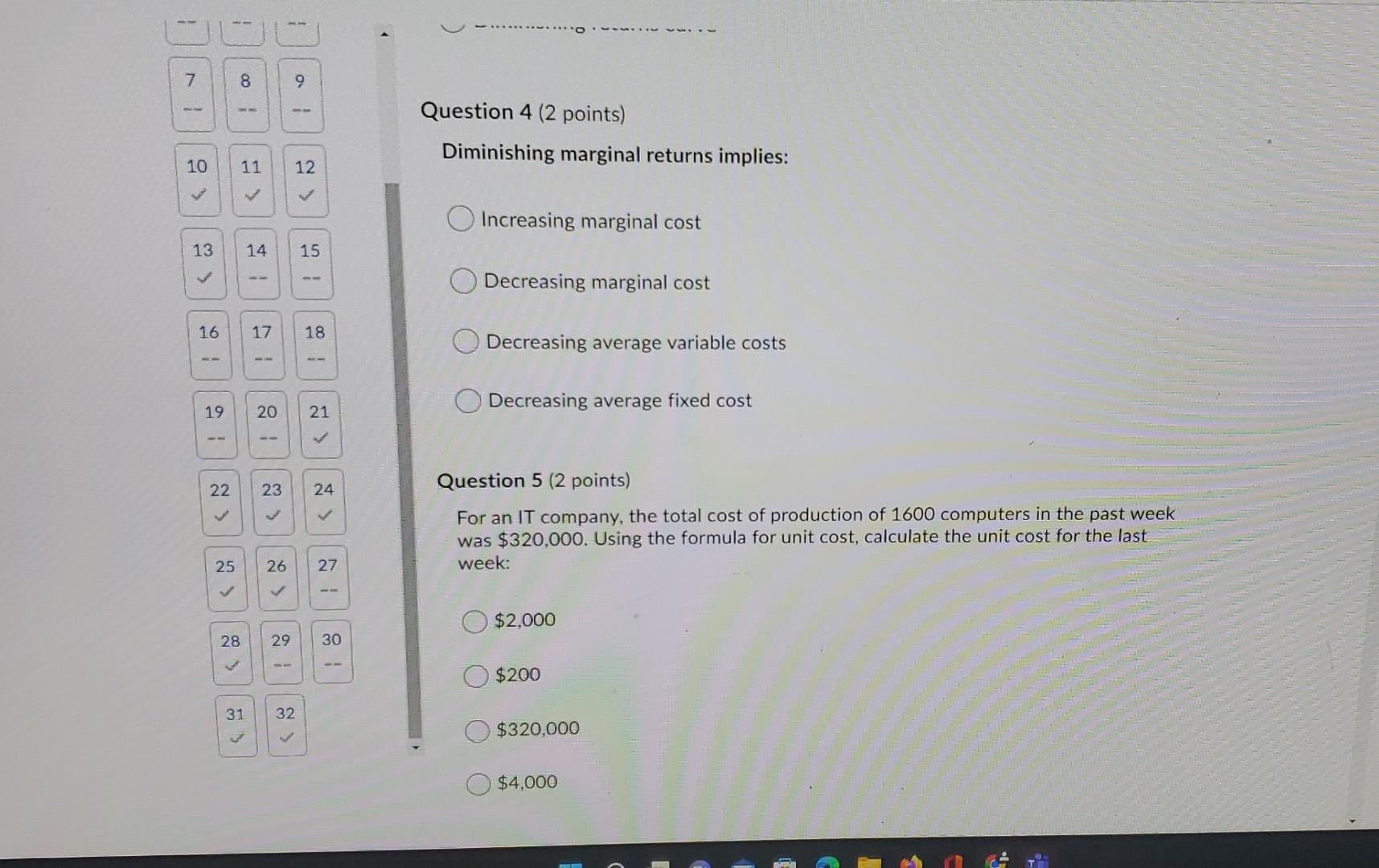 Solved -- 7 8 9 100 Question 4 (2 points) Diminishing | Chegg.com