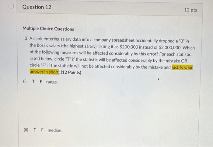 Solved U Question 12 12 pts Multiple Choice Questions 3. A | Chegg.com