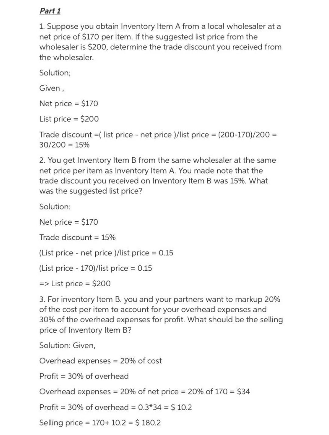 Solved Net price is 170 please solve part 2 and 3 and the | Chegg.com