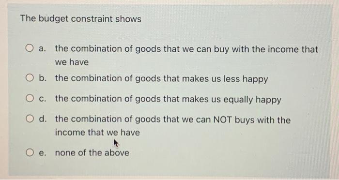 Solved The budget constraint shows O a. the combination of | Chegg.com