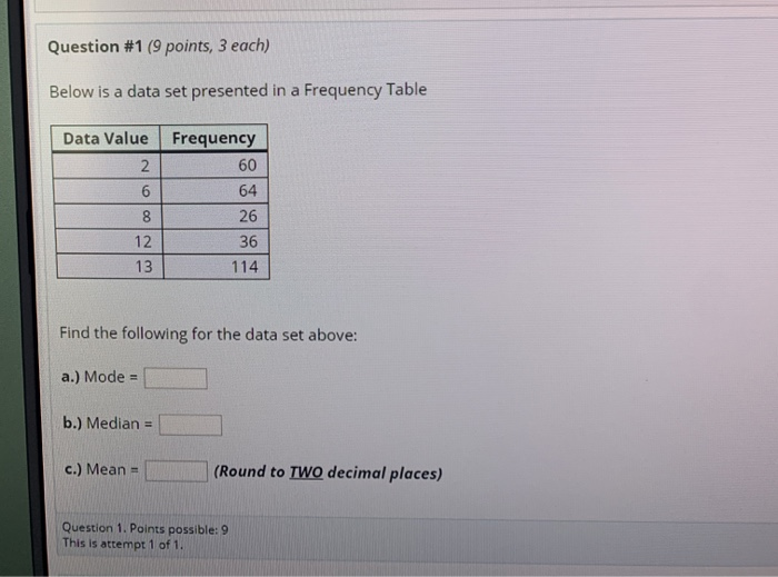 Solved Question #1 (9 points, 3 each) Below is a data set | Chegg.com
