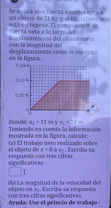 Se aplica una fuerza externa neta a un objeto de \( 21 \mathrm{~kg} \) que inicialmente está en reposo. El componente de fuer